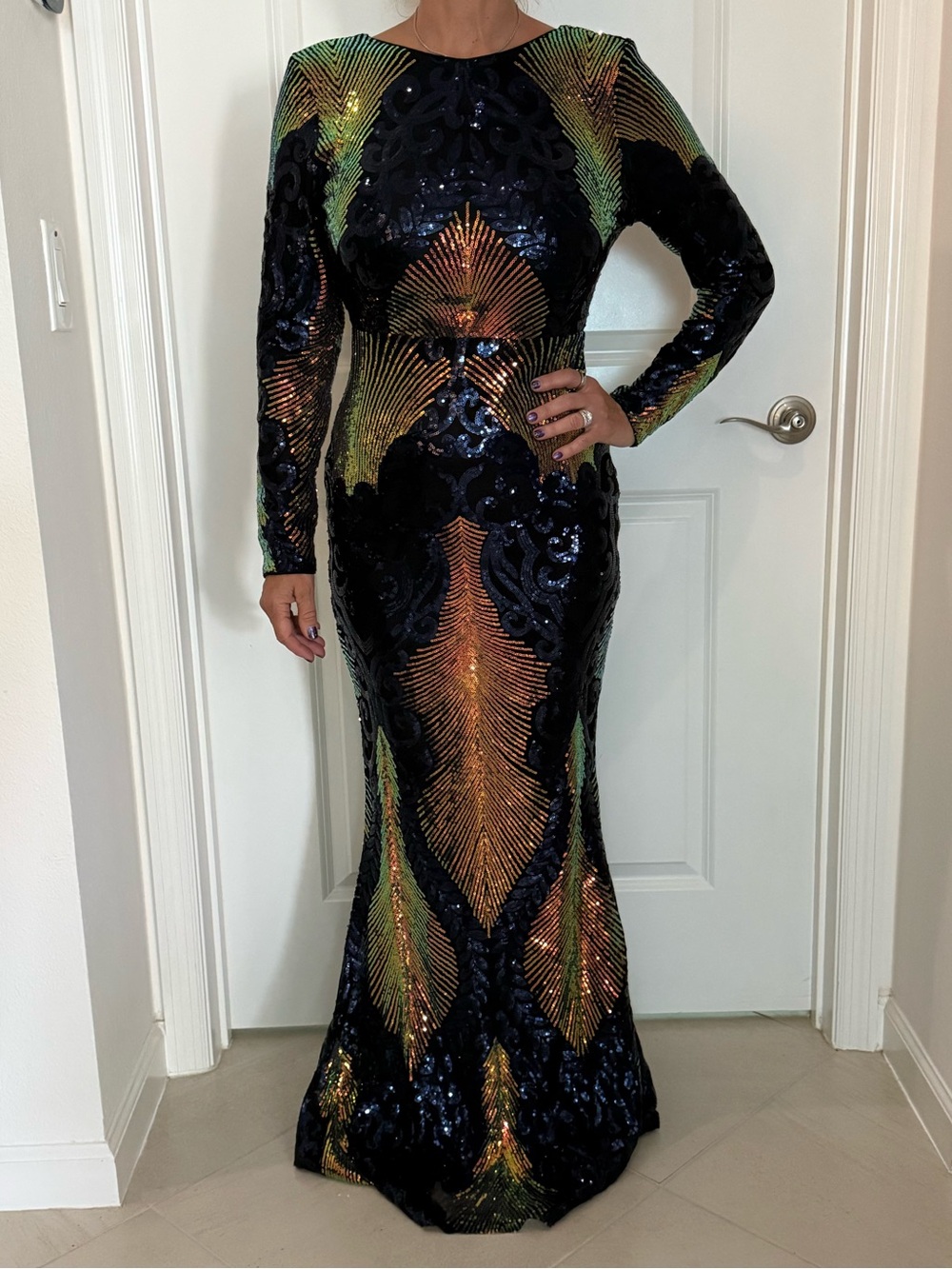 Purple/Blue Sequin Long Sleeve Gown with Iridescent Green & Copper Accents